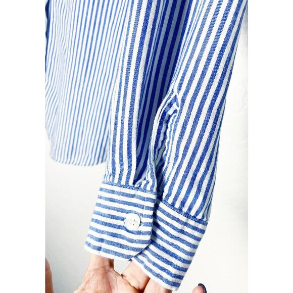 Vintage Two Twenty Women's Blue White Stripe Button Up Cotton Shirt Cat Appliqué - Picture 5 of 6